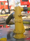 This yellow fire hydrant gets wet from the fire department this sunny morning, instead of from its usual four-legged visitors. (60kb)